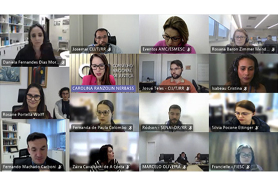 A imagem mostra uma tela de videoconferência com várias pessoas participando. Cada participante está em um quadrado separado, e há nomes identificando cada um deles.