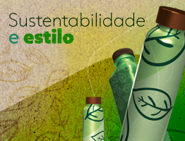 Sustentabilidade e estilo. Imagem de 3 garrafas com estampa de folhas e tampa marrom.