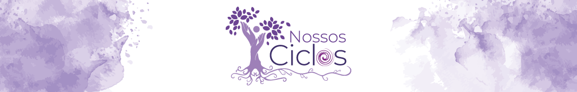 Banner em tons de lilás e branco com uma imagem estilizada de duas mãos que se transformam em uma árvore e o texto nossos ciclos